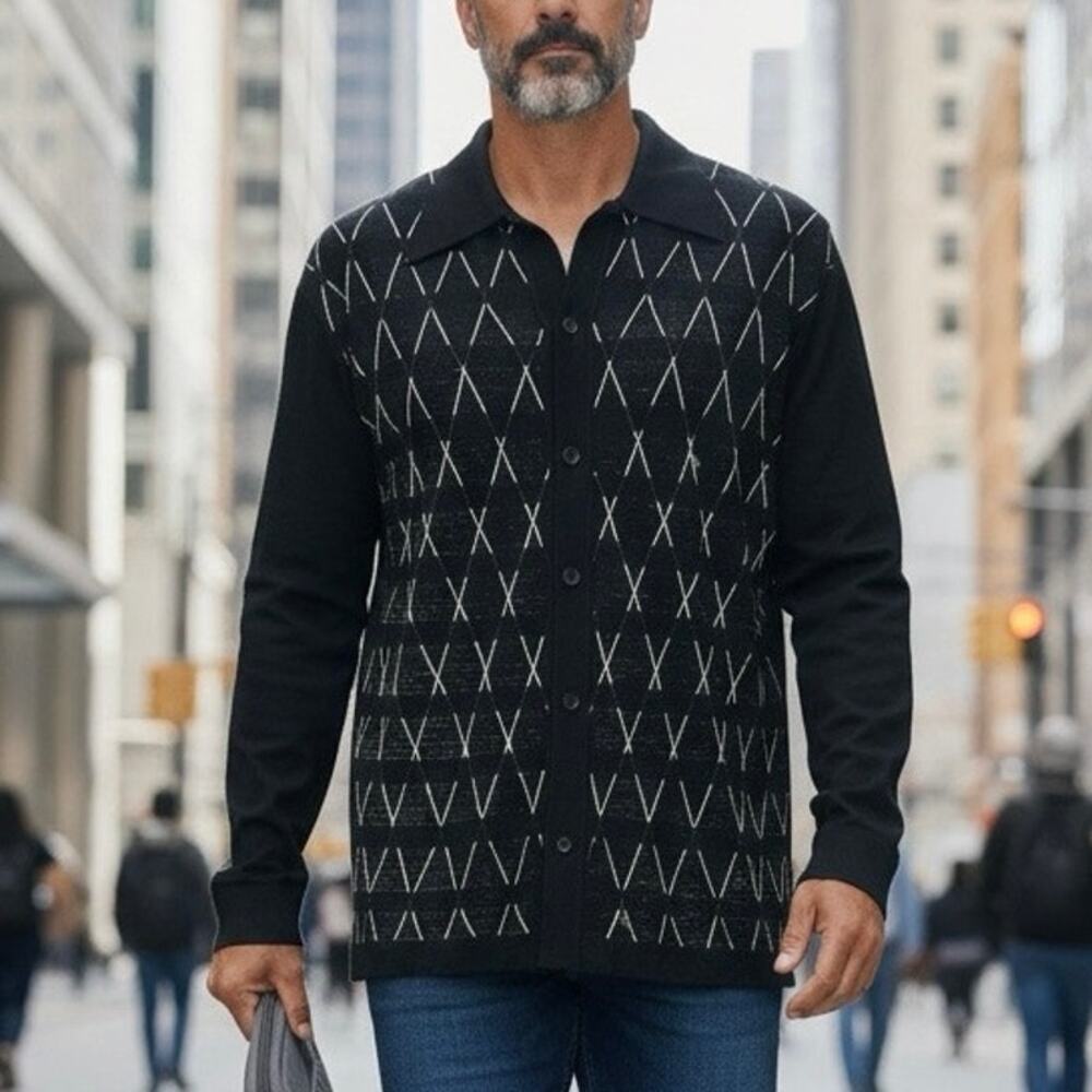 Silversilk men’s Long Sleeve Mixed texture Collared Button-down Shirt Size Med